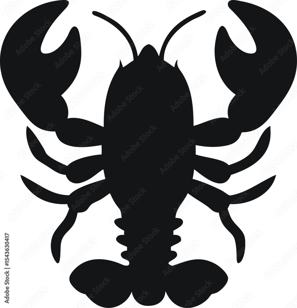 Obraz premium Minimalist Black Silhouette of a Lobster on White Background – Clean Vector Illustration of a Marine Crustacean for Seafood, Ocean Life, Fishing, Culinary, and Logo Concepts