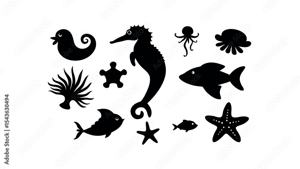 Ocean Life Silhouettes A Collection of Sea Creatures and Underwater Plants - Black and White Vector Graphics Ocean Life Silhouettes A Collection of Sea Creatures and Underwater Plants - Black and White Vector Graphics