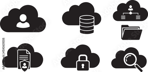 Black & White Cloud Technology Symbols: Server & Network Graphics