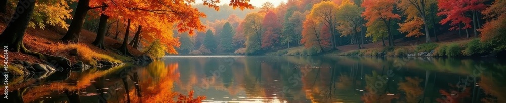 Vibrant autumn leaves mirrored in still New England pond water , leaves, peaceful Vibrant autumn leaves mirrored in still New England pond water , leaves, peaceful