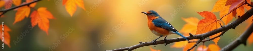 Fototapeta premium Vibrant bird on autumn branch, colorful leaves , red, leaves, autumn