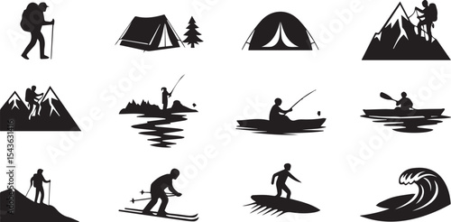 Outdoor Adventure Icons Set: Hiking, Camping, Fishing & Sports Silhouettes