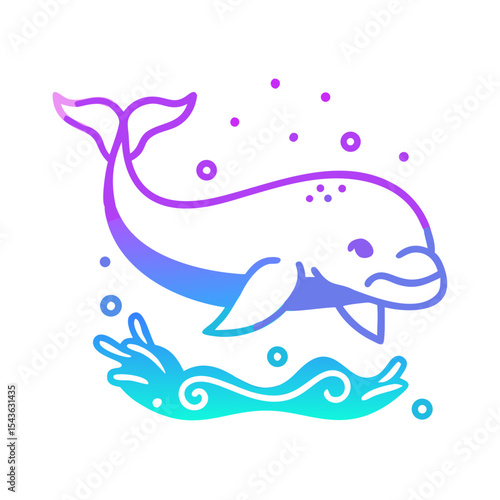 Beluga whale swimming in water with bubbles and waves design  