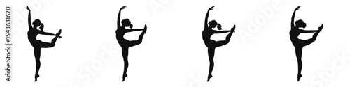 woman in Tendu stretched leg dance pose, silhouette illustration of four female dancers performing elegant ballet poses.