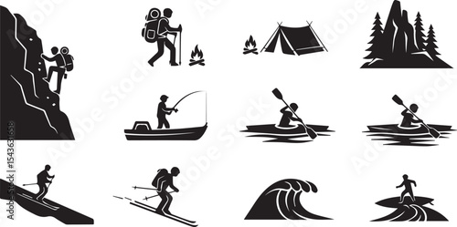 Outdoor Adventure Icons Set: Hiking, Camping, Fishing & Sports Silhouettes