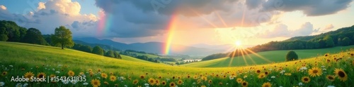 Vibrant rainbows arch over rolling hills, lush meadow , bright, majestic