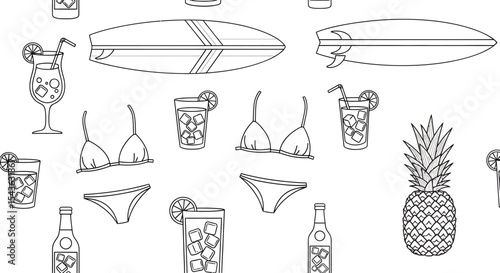 Summer themed line art pattern with surfboards swimwear drinks and pineapple.