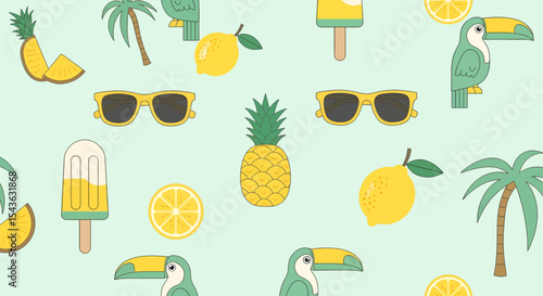 Summer themed pattern with toucans pineapples lemons palm trees sunglasses and popsicles.