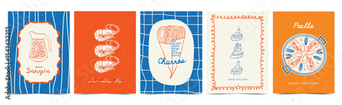 Whimsical abstract Mediterranean poster set with trendy hand drawn doodle elements. Traditional Spanish Food with Seafood. Line art for wall decor, branding, ads, print, card, cover, menu design