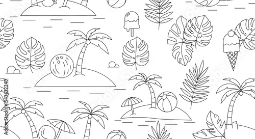 Outlined summer pattern with tropical leaves islands ice cream and beach balls.