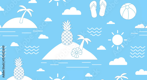 Summer themed pattern with pineapples islands sun clouds waves and flip flops.