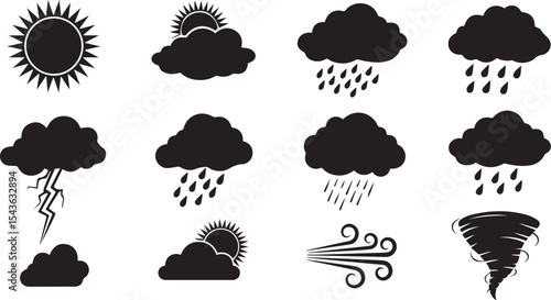 Weather Icons Set: Sun, Rain, Storm, Wind Silhouettes

