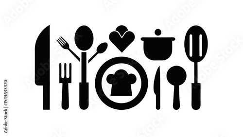 Culinary Icons A Collection of Black and White Kitchen Utensil and Cookware Silhouettes for Menu Design, Cookbook Illustrations, and Culinary Branding