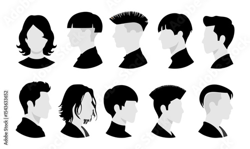 Set of men’s avatars with diverse haircuts in side profile view. Monochrome gray and black vector silhouettes, perfect for user profiles, social media, and design projects. Transparent background
