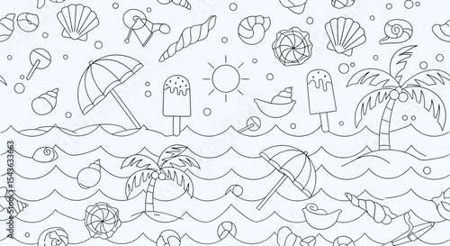 Outlined beach scene with seashells ice cream palm trees umbrellas and ocean waves.