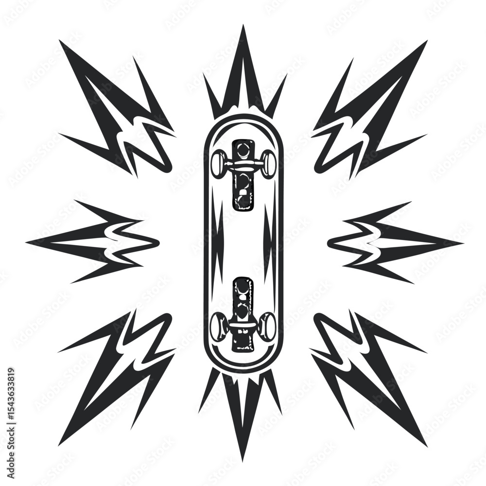 Fototapeta premium Skateboard Graphic: A centered black and white skateboard illustration with radiating blast effect, suitable for posters, stickers, and print designs.