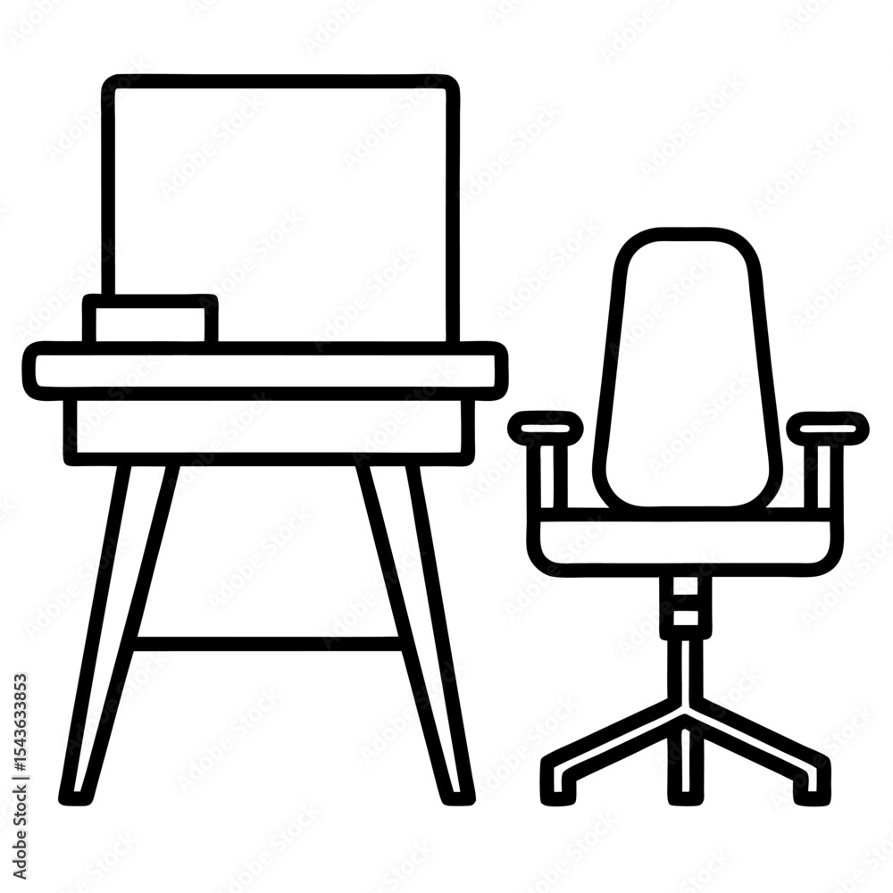 Work Chair and Desk Icon – Minimal Vector Office Furniture Symbol for Workspace Setup, Home Office, Remote Work Environment, Ergonomic Chair and Desk Illustration, Flat Editable Graphic Work Chair and Desk Icon – Minimal Vector Office Furniture Symbol for Workspace Setup, Home Office, Remote Work Environment, Ergonomic Chair and Desk Illustration, Flat Editable Graphic