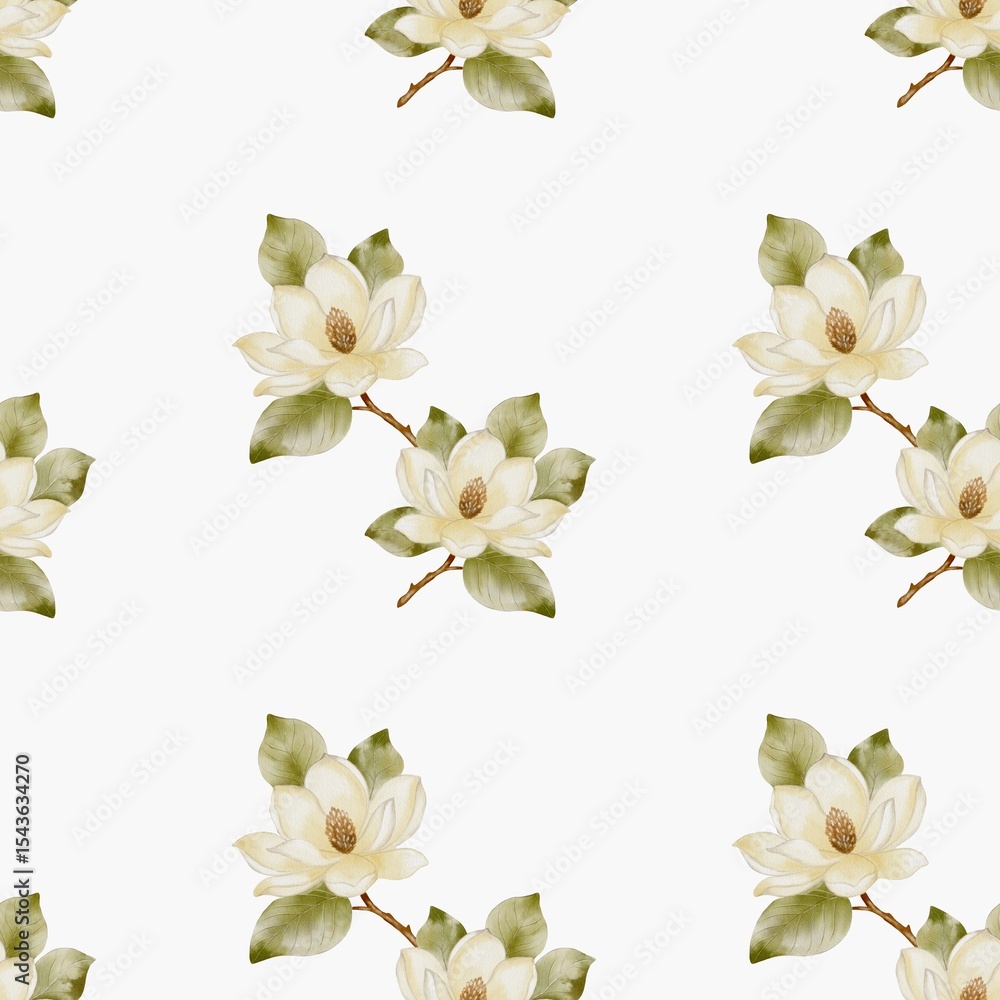 Naklejka premium Magnolia watercolor floral pattern on a seamless white background for elegant textiles
