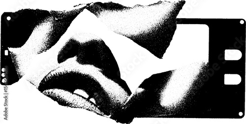 High contrast floppy disk silhouette with surreal facial elements