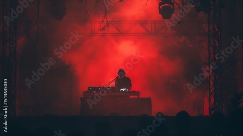 Silhouetted dj performing in red stage lighting