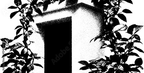 Mysterious fractured mausoleum doorway overgrown with thorny vines