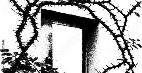 Abandoned mausoleum doorway overgrown with thorny vines
