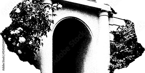 Fractured mausoleum doorway overgrown with thorny vegetation