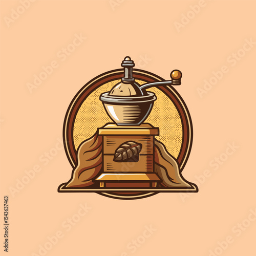 Rustic Coffee Mill An old-fashioned coffee grinder and burlap sack logo for a traditional roaster feel Vector Illustration
