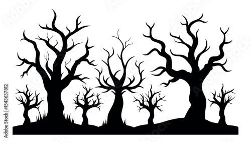 Bare Tree Silhouette Vector Set in Black for Spooky Forest, Halloween, and Dark Nature Themes, Perfect for Horror Graphics