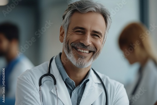 Portrait of smiling doctor wearing white coat and stethoscope in hospital