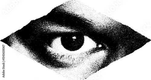 Abstract art with half face, diamond shape eye patch, and gummy bear in high contrast