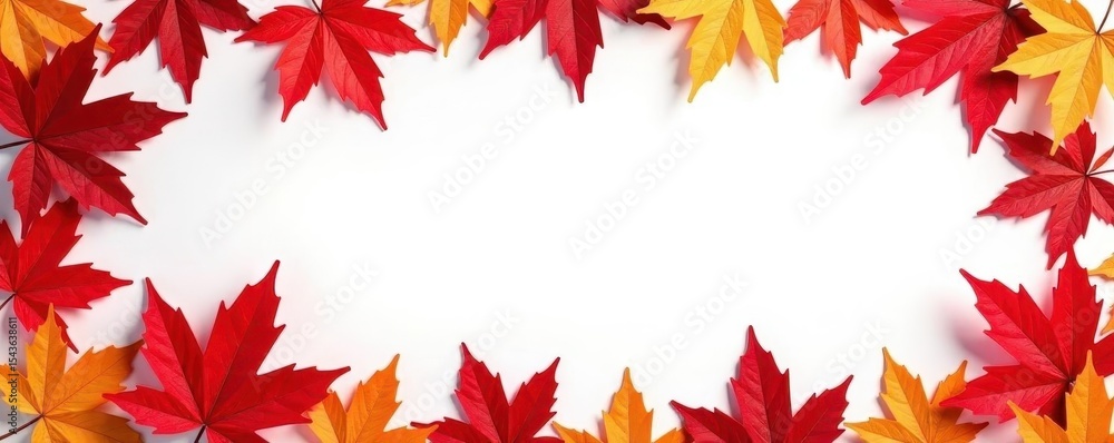 Vibrant red & gold maple leaves border, white backdrop, dry, yellow Vibrant red & gold maple leaves border, white backdrop, dry, yellow