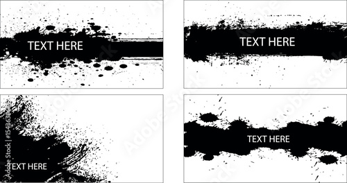 Set of 4 Black Grunge Banners & Text Boxes: Ink Splatters, Brush Strokes & Paint Textures
