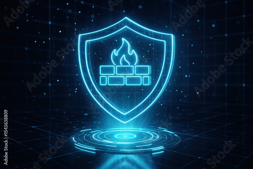 firewall, holographic shield, cybersecurity, data protection, digital defense, network security, glowing grid, data particles, virtual shield, information safety, futuristic interface, cyber protectio