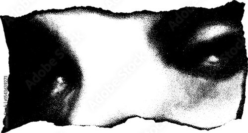 Mysterious high contrast eyes on torn paper background in black and white