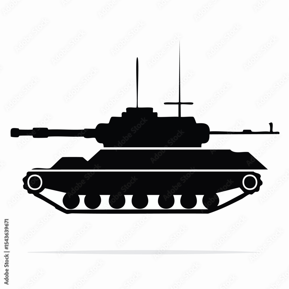 Fototapeta premium Silhouette illustration of a military tank isolated on a white background with shadow.