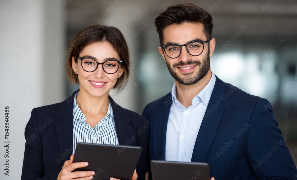 Professional Woman and Man in Business Attire Using Tablets Together in Modern Office Environment Professional Woman and Man in Business Attire Using Tablets Together in Modern Office Environment