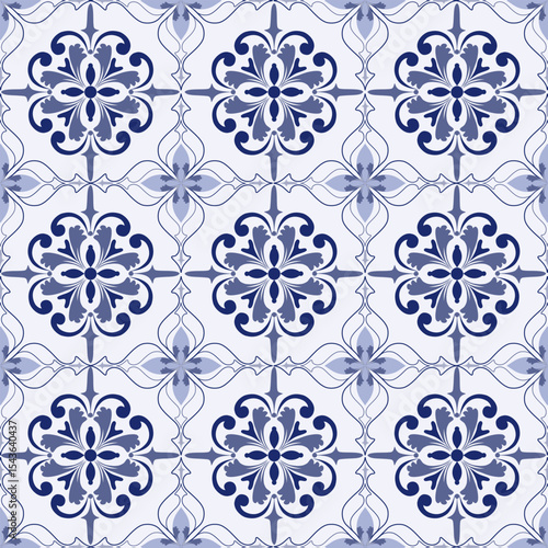 Moroccan Seamless Pattern.Floral Ornament tile pattern in Mediterranean style with navy blue elements. Damask.Geometric ornamental light background. Portuguese, dutch azulejo tile pattern 