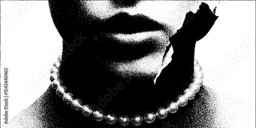 High contrast black and white image of mannequin head with pearl necklace