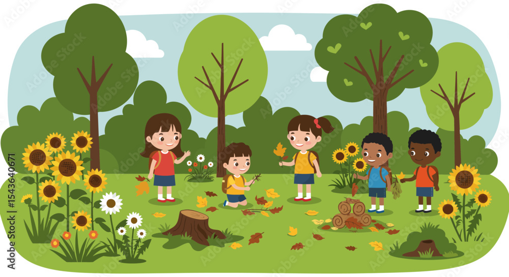 Obraz premium Children joyfully explore nature, collecting leaves and flowers in a vibrant park setting.