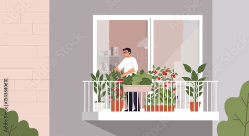 Man tending plants on a balcony overlooking a city.