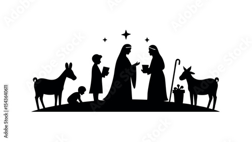 Christmas nativity scene silhouette with Mary, Joseph, baby Jesus, and animals, ideal for religious themes, holiday cards, and traditional Christian artwork.