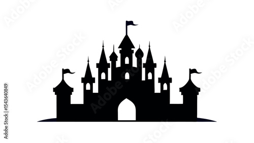 Fantasy silhouette of a fairy tale castle with towers and flags, ideal for magical stories, children’s themes, medieval design, and fantasy illustration projects.