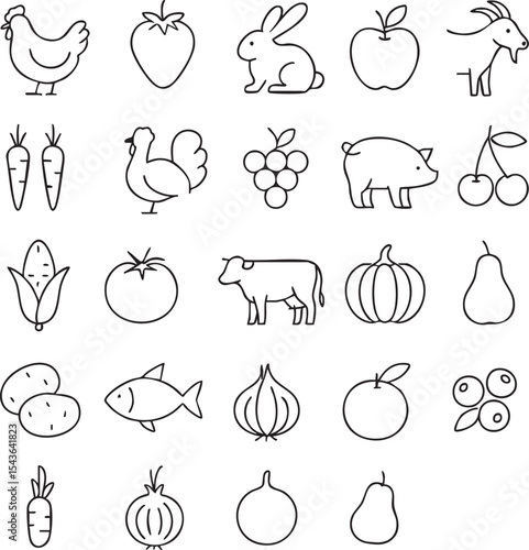 A set of illustrated icons featuring farm animals and a variety of vegetables in a cohesive design.
