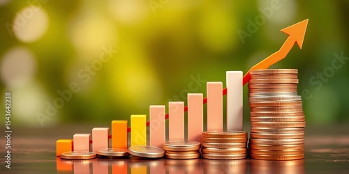 Upward trending bar graph illustrating Indian GDP growth, accompanied by a stack of coins,  chart,  economy