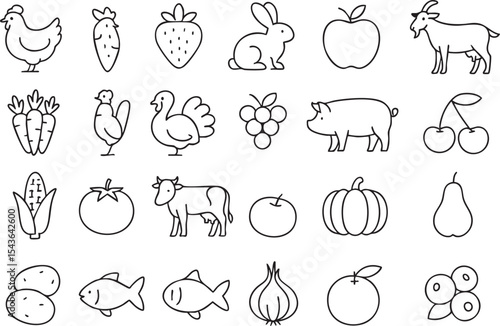 A set of illustrated icons featuring farm animals and a variety of vegetables in a cohesive design.