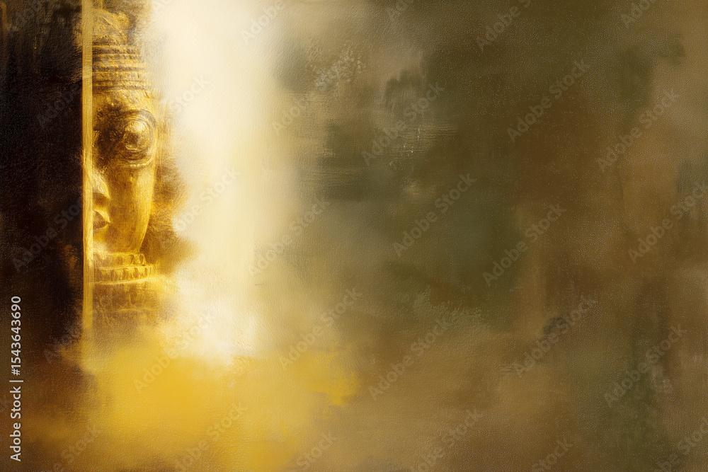 Fototapeta premium Artistic golden light painting of Jagannath deity with brush strokes and left space blank. 