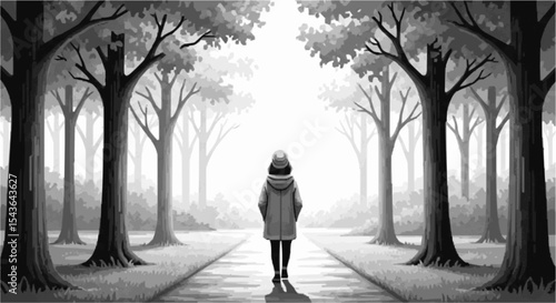 A person walking calmly on a path in a park or forest, surrounded by trees.