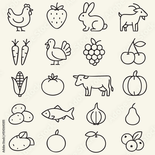 A set of illustrated icons featuring farm animals and a variety of vegetables in a cohesive design.