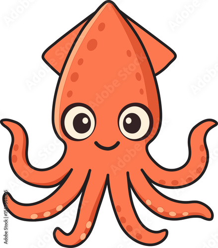 Cute cartoon squid character on white background. Vector illustration
